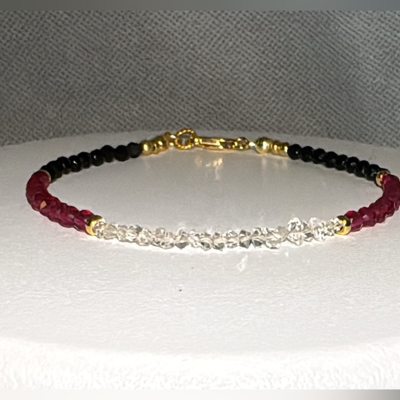 Herkimer Diamond,  Black Spinel, Ruby Bracelet 18kt Gold Vermeil Beads and Clasp - Picture 9 of 9